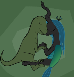 Size: 957x1000 | Tagged: safe, artist:foal, queen chrysalis, dinosaur, velociraptor, g4, 4chan cup, duo, sleeping