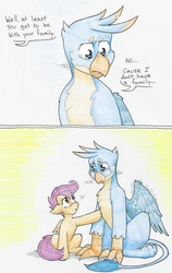 Size: 2001x3175 | Tagged: safe, artist:flicker-show, gallus, scootaloo, griffon, pegasus, pony, g4, the hearth's warming club, comic, crying, dialogue, empathy, feels, female, filly, friendship, good end, high res, hilarious in hindsight, male, orphan, sad, sympathy, teenager, traditional art, wholesome