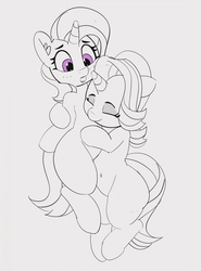 Size: 1280x1729 | Tagged: safe, artist:pabbley, starlight glimmer, trixie, unicorn, semi-anthro, g4, 30 minute art challenge, cuddling, female, human shoulders, lesbian, lineart, mare, partial color, ship:startrix, shipping, smiling