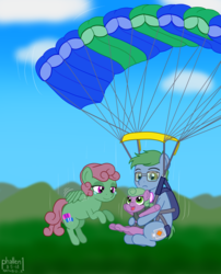 Size: 1500x1855 | Tagged: safe, artist:phallen1, oc, oc only, oc:nimbus (phallen1), oc:software patch, oc:windcatcher, earth pony, pegasus, pony, atg 2018, cloud, crying, falling, female, filly, holding a pony, newbie artist training grounds, parachute, sky, skydiving, smiling, windpatch