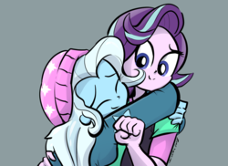 Size: 1349x980 | Tagged: safe, artist:christheblue, starlight glimmer, trixie, equestria girls, g4, accessory swap, beanie, clothes, cute, diatrixes, duo, eyes closed, female, glimmerbetes, gray background, hat, hug, lesbian, romance, ship:startrix, shipping, simple background, smiling, toque