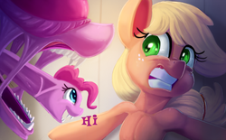 Size: 2000x1236 | Tagged: safe, artist:discorded, applejack, pinkie pie, alien, earth pony, pony, xenomorph, semi-anthro, g4, alien (franchise), atg 2018, crossover, female, hi, mare, newbie artist training grounds, open mouth, scared, sternocleidomastoid