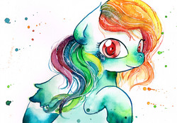 Size: 3437x2399 | Tagged: safe, artist:mashiromiku, rainbow dash, pegasus, pony, g4, alternate hairstyle, female, high res, looking at you, solo, traditional art, watercolor painting
