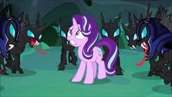 Size: 1280x720 | Tagged: safe, screencap, starlight glimmer, thorax, changeling, pony, unicorn, g4, to where and back again, armor, changeling armor, changeling guard, disguise, disguised changeling, fake starlight glimmer, female, mare, scared, sweat, tongue out