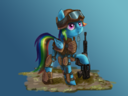 Size: 2753x2065 | Tagged: safe, artist:helmie-art, rainbow dash, pegasus, pony, g4, assault rifle, body armor, clothes, dog tags, female, goggles, gun, high res, mare, rifle, solo, weapon