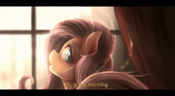 Size: 1359x746 | Tagged: dead source, safe, artist:ventious, fluttershy, pony, g4, bust, dialogue, female, lens flare, letterboxing, looking at you, looking back, mare, morning, offscreen character, solo, window