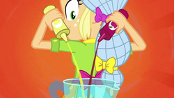 Size: 1280x720 | Tagged: safe, screencap, applejack, equestria girls, g4, my little pony equestria girls: summertime shorts, shake things up!, blender (object), female, hair net, looking back, smoothie, solo, syrup