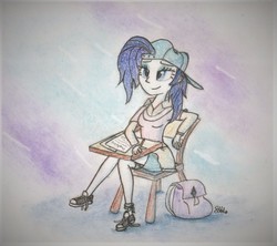 Size: 870x773 | Tagged: safe, artist:brogararts, rarity, equestria girls, friendship university, g4, backpack, backwards ballcap, baseball cap, cap, clothes, converse, crossed legs, cute, denim shorts, desk, equestria girls interpretation, female, hat, plainity, scene interpretation, shoes, shorts, smiling, socks, solo, traditional art, untied shoes