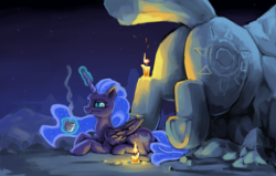 Size: 1024x650 | Tagged: safe, artist:da-exile, nightmare moon, princess celestia, alicorn, pony, g4, atg 2018, butt, candle, female, glowing horn, horn, magic, mare, missing accessory, newbie artist training grounds, plot, solo, statue, sunbutt, telekinesis