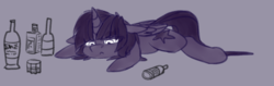 Size: 1297x411 | Tagged: safe, artist:duop-qoub, twilight sparkle, alicorn, pony, descended twilight, g4, :<, alcohol, bottle, female, floppy ears, glass, looking down, lying down, mare, sad, solo, twilight sparkle (alicorn), wings