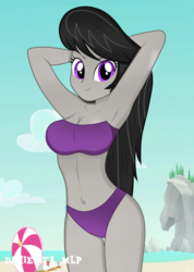 Size: 1024x1442 | Tagged: safe, artist:danielitamlp, octavia melody, human, equestria girls, g4, adorasexy, arm behind head, armpits, beach, beach babe, belly button, bikini, bikini babe, breasts, busty octavia melody, clothes, cute, female, legs together, looking at you, ocean, purple swimsuit, rock horse, roleplay in the comments, sand, sexy, smiling, solo, stupid sexy octavia, swimsuit, umbrella