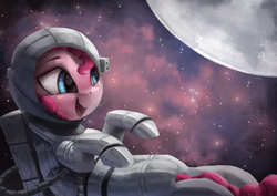 Size: 3600x2550 | Tagged: safe, artist:vanillaghosties, pinkie pie, earth pony, pony, g4, astronaut, astronaut pinkie, atg 2018, female, high res, moon, newbie artist training grounds, open mouth, planet, solo, space, spacesuit, stars