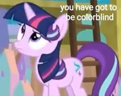 Size: 720x569 | Tagged: safe, edit, edited screencap, editor:axal-5, screencap, starlight glimmer, pony, unicorn, a matter of principals, g4, color blindness, female, ladder, mare, not twilight sparkle, text, text edit, twilight wig, wig