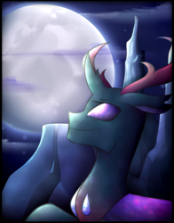 Size: 3300x4200 | Tagged: safe, artist:cosmicchrissy, pharynx, changedling, changeling, g4, full moon, looking up, male, moon, night, prince pharynx, smiling, solo, stars
