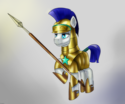 Size: 2300x1900 | Tagged: safe, artist:kelkessel, earth pony, pony, armor, helmet, male, royal guard, solo, spear, stallion, weapon