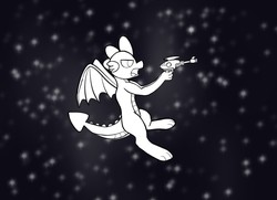 Size: 1298x941 | Tagged: safe, artist:neonhuo, spike, dragon, g4, atg 2018, male, monochrome, newbie artist training grounds, older, raygun, solo, space, winged spike, wings