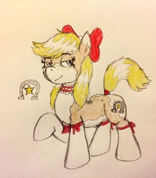 Size: 1792x2045 | Tagged: safe, artist:blueskies~, oc, oc only, oc:hoedown(mlh), earth pony, pony, bedroom eyes, blonde hair, bow, butt, butt freckles, choker, clothes, cutie mark, female, freckles, horseshoes, my little harem, pattern, plot, socks, solo, the celestial harem, traditional art