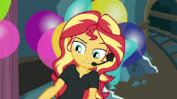 Size: 1011x568 | Tagged: source needed, safe, screencap, pinkie pie, sunset shimmer, all the world's off stage, all the world's off stage: pinkie pie, equestria girls, g4, my little pony equestria girls: better together, my little pony equestria girls: choose your own ending, angry, animated, animated screencap, balloon, blowing, clothes, eyes closed, female, geode of sugar bombs, gif, magical geodes, one eye closed, yelling