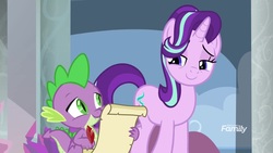 Size: 1920x1080 | Tagged: safe, screencap, spike, starlight glimmer, dragon, a matter of principals, g4, list, quill, scroll, smiling, winged spike, wings