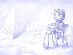 Size: 1024x768 | Tagged: safe, artist:novaintellus, oc, oc only, earth pony, pony, astronaut, female, mare, monochrome, newbie artist training grounds, solo, spacesuit, weapon