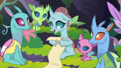Size: 1920x1080 | Tagged: safe, screencap, axilla, carapace (g4), lumbar, ocellus, spiracle, changedling, changeling, nymph, g4, the hearth's warming club, animated, blinking, cute, cuteling, diaocelles, diving, eyes closed, fruit punch, hoof hold, jumping, laughing, lidded eyes, literal, open mouth, pun, punch, scroll, silly, sitting, smiling, sound, sweet dreams fuel, swimming, swimming pool, talking, visual pun, webm