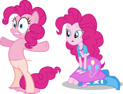 Size: 1610x1234 | Tagged: safe, artist:jdbener, artist:limedazzle, artist:porygon2z, artist:tardifice, edit, editor:slayerbvc, vector edit, pinkie pie, earth pony, human, pony, equestria girls, g4, bipedal, bottomless, clothes, concerned, embarrassed, female, fur, furless edit, human ponidox, kneeling, mare, partial nudity, self ponidox, shaved tail, show accurate, simple background, surprised, transparent background, vector, wardrobe malfunction, wide eyes