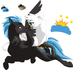Size: 8186x7812 | Tagged: safe, artist:elusiveconqueror, oc, oc only, oc:jacquelyn, oc:nimbus, griffon, pegasus, pony, absurd resolution, female, interspecies, male, nuzzling, prone, simple background, stallion, straight, transparent background