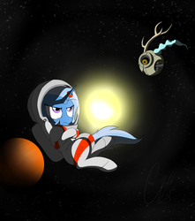 Size: 4961x5600 | Tagged: safe, artist:theravencriss, discord, trixie, pony, unicorn, g4, absurd resolution, astronaut, atg 2018, crossed hooves, newbie artist training grounds, personality core, portal (valve), portal 2, reference, space, space core, spacesuit