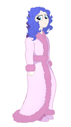 Size: 2104x3742 | Tagged: safe, artist:paskanaakka, derpibooru exclusive, oc, oc only, oc:midnight dew, human, bags under eyes, bathrobe, clothes, grumpy, high res, humanized, robe, simple background, slippers, solo, white background