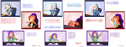 Size: 8691x3250 | Tagged: safe, artist:noahther, starlight glimmer, sunset shimmer, trixie, human, equestria girls, g4, beanie, chair, comic, dialogue, food, gamer sunset, gaming, grammar error, hat, headphones, humanized, ice cream, inverted exclamation mark, inverted question mark, keyboard, light skin, simple background, sitting, video game, white background