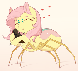 Size: 1809x1649 | Tagged: safe, artist:evehly, fluttershy, fly, monster pony, original species, spiderpony, g4, cute, eyes closed, floating heart, heart, hug, shyabetes, species swap, spidershy
