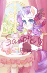 Size: 1024x1570 | Tagged: safe, artist:sugarcubeee, rarity, unicorn, semi-anthro, g4, clothes, cottagecore, cute, dress, female, flower, flower in hair, food, glowing horn, horn, magic, mare, puffy sleeves, raribetes, tea, tea party, teapot, telekinesis