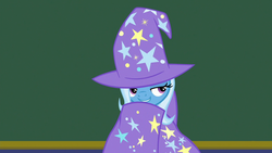 Size: 1280x720 | Tagged: safe, screencap, trixie, pony, unicorn, a matter of principals, g4, cape, clothes, female, hat, lidded eyes, mare, school of friendship, smiling, solo, trixie's cape, trixie's hat