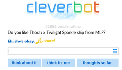 Size: 375x218 | Tagged: safe, thorax, twilight sparkle, g4, chat, cleverbot, female, implied straight, male, meme, shipping, straight, text, twirax