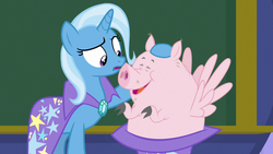 Size: 1280x720 | Tagged: safe, screencap, trixie, flying pig, pig, a matter of principals, g4