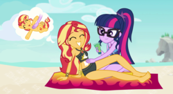 Size: 1600x868 | Tagged: safe, artist:limedazzle, sci-twi, sunset shimmer, twilight sparkle, pony, unicorn, equestria girls, equestria girls specials, g4, my little pony equestria girls: better together, my little pony equestria girls: forgotten friendship, barefoot, beach, beach shorts swimsuit, bellyrubs, bikini, black swimsuit, clothes, cloud, commission, cute, duo, eyes closed, feet, female, geode of empathy, geode of telekinesis, glasses, ponytail, sand, sarong, shimmerbetes, show accurate, sky, smiling, sunscreen, sunset shimmer's beach shorts swimsuit, swimsuit, thought bubble, towel, water, weapons-grade cute