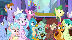 Size: 1280x720 | Tagged: safe, screencap, auburn vision, berry blend, berry bliss, cozy glow, gallus, huckleberry, november rain, ocellus, sandbar, silverstream, smolder, yona, changedling, changeling, classical hippogriff, dragon, earth pony, griffon, hippogriff, pegasus, pony, unicorn, yak, a matter of principals, g4, book, bow, cloven hooves, dragoness, female, filly, friendship student, hair bow, jewelry, male, mare, monkey swings, mouth hold, necklace, notebook, pencil, stallion, student six, teenager