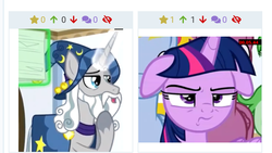 Size: 707x398 | Tagged: safe, edit, edited screencap, screencap, star swirl the bearded, twilight sparkle, alicorn, pony, unicorn, derpibooru, friendship university, g4, beard, facial hair, female, floppy ears, glowing horn, horn, juxtaposition, male, mare, meta, stallion, twilight sparkle (alicorn), twilight sparkle is not amused, unamused