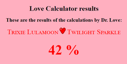 Size: 586x298 | Tagged: safe, trixie, twilight sparkle, g4, female, lesbian, love calculator, ship:twixie, shipping