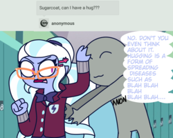 Size: 1378x1100 | Tagged: safe, artist:psychodiamondstar, sugarcoat, oc, oc:anon, equestria girls, g4, dialogue, hug, hug denied