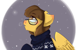 Size: 1280x840 | Tagged: safe, artist:tavifly, oc, oc only, pegasus, pony, breathing, brown eyes, brown hair, clothes, glasses, male, snow, snowfall, snowflake, solo, sweater, wings