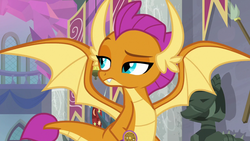 Size: 1280x720 | Tagged: safe, screencap, smolder, dragon, a matter of principals, g4, cyan eyes, dragon wings, dragoness, fangs, female, horns, lidded eyes, looking around, raised eyebrow, scavenger hunt, solo, spread wings, suspicious, teenaged dragon, teenager, wings