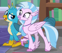 Size: 609x523 | Tagged: safe, screencap, gallus, silverstream, classical hippogriff, griffon, hippogriff, a matter of principals, g4, cropped, cute, diastreamies, feathered fetlocks, female, gallabetes, grin, male, raised claw, shipping fuel, smiling