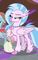 Size: 392x620 | Tagged: safe, screencap, ocellus, silverstream, classical hippogriff, hippogriff, g4, the hearth's warming club, cropped, discovery family, discovery family logo, female, jewelry, logo, mid-blink screencap, mop, necklace, solo focus