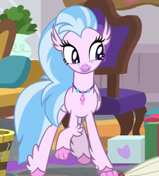 Size: 524x582 | Tagged: safe, screencap, silverstream, classical hippogriff, hippogriff, g4, the hearth's warming club, cropped, cute, diastreamies, female, jewelry, lip bite, necklace, raised claw, solo