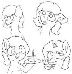Size: 1816x1873 | Tagged: safe, artist:smoldix, oc, oc only, oc:filly anon, earth pony, pony, unicorn, bust, cake, chest fluff, ear fluff, emoji, emotes, expressions, female, filly, food, glowing horn, grayscale, hand, happy, hoof hold, horn, magic, magic hands, monochrome, quick draw, scared, simple background, sketch, thinking, white background, 🤔
