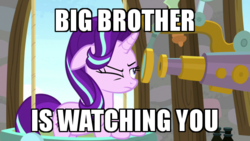 Size: 600x338 | Tagged: safe, edit, edited screencap, screencap, starlight glimmer, pony, a matter of principals, g4, 1984, big brother, big brother is watching, female, image macro, meme, solo, telescope