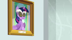 Size: 1280x720 | Tagged: safe, screencap, discord, twilight sparkle, alicorn, draconequus, pony, a matter of principals, g4, creepy, eye, eyes, painting, picture, school of friendship, twilight sparkle (alicorn)