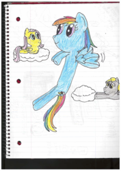 Size: 1241x1754 | Tagged: safe, artist:nightshadowmlp, derpy hooves, fluttershy, rainbow dash, g4, cloud, flying, lined paper, prone, traditional art