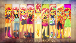 Size: 1920x1080 | Tagged: safe, artist:antylavx, sunset shimmer, equestria girls, equestria girls specials, g4, good vibes, my little pony equestria girls, my little pony equestria girls: better together, my little pony equestria girls: dance magic, my little pony equestria girls: friendship games, my little pony equestria girls: legend of everfree, my little pony equestria girls: summertime shorts, boots, clothes, converse, crystal guardian, daydream shimmer, female, geode of empathy, grass skirt, high heel boots, hulashimmer, jacket, leather, leather jacket, miniskirt, multeity, sarong, shimmerstorm, shirt, shoes, shorts, skirt, smiling, sneakers, sunset sushi, swimsuit, wallpaper